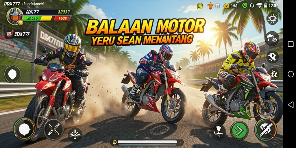 Screenshot menunjukkan aksi balapan motor yang mendebarkan di trek.
