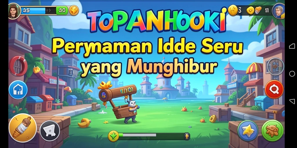 Screenshot gameplay TOPANHOKI menampilkan karakter yang mengumpulkan sumber daya secara otomatis.